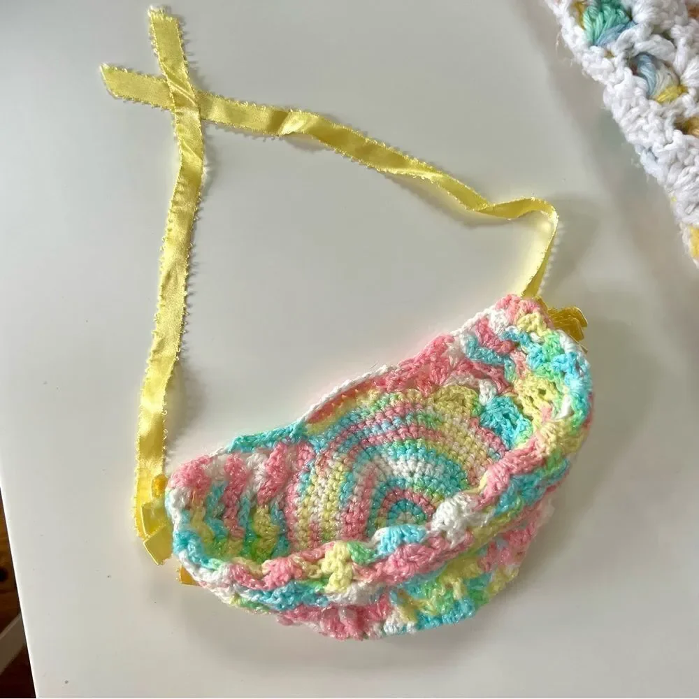 Vintage Handmade 1960s 1970s Rainbow Pastel Crochet Knit Baby Blanket & Bonnet